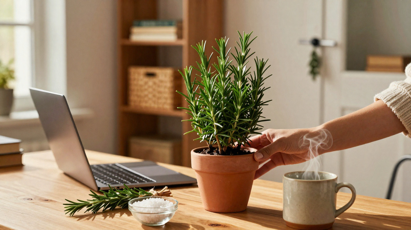 Mão ajustando vaso com planta em mesa de madeira, ao lado de laptop, xícara fumegante e cumbuca com sal.
