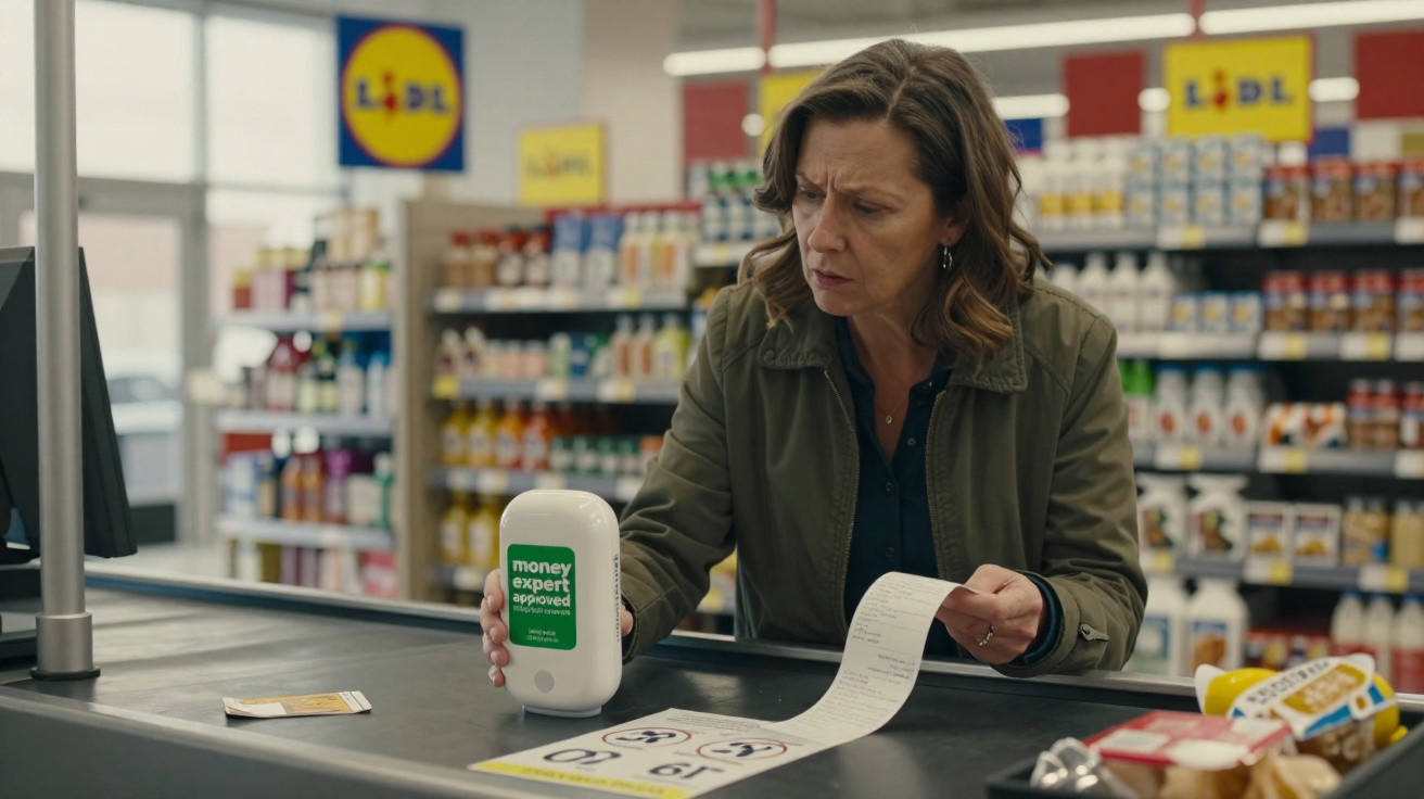 Mulher em supermercado usando medidor financeiro com recibo e carta na frente, expressão preocupada.