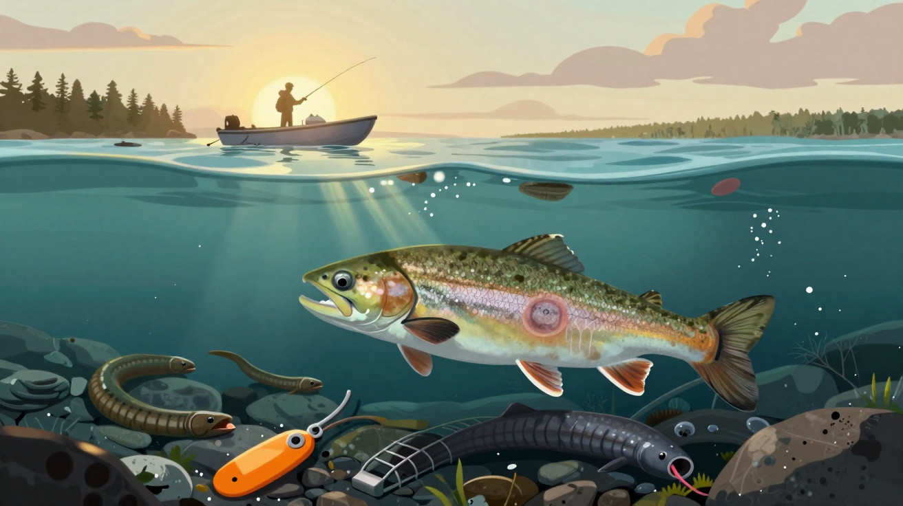 Cena subaquática com peixe colorido, enguias, isca e pescador em barco ao pôr do sol.