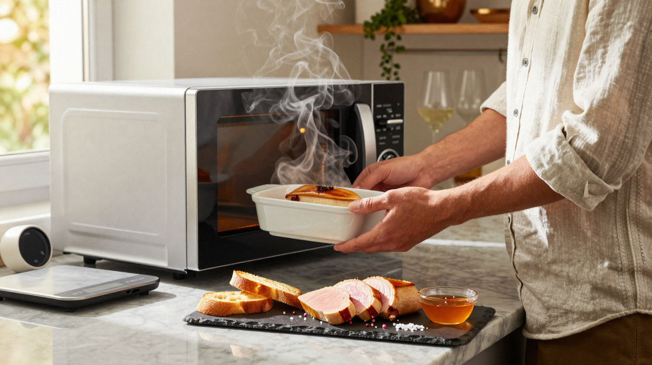 Pessoa retirando prato quente de forno de micro-ondas em cozinha com pão fatiado e mel sobre bancada.