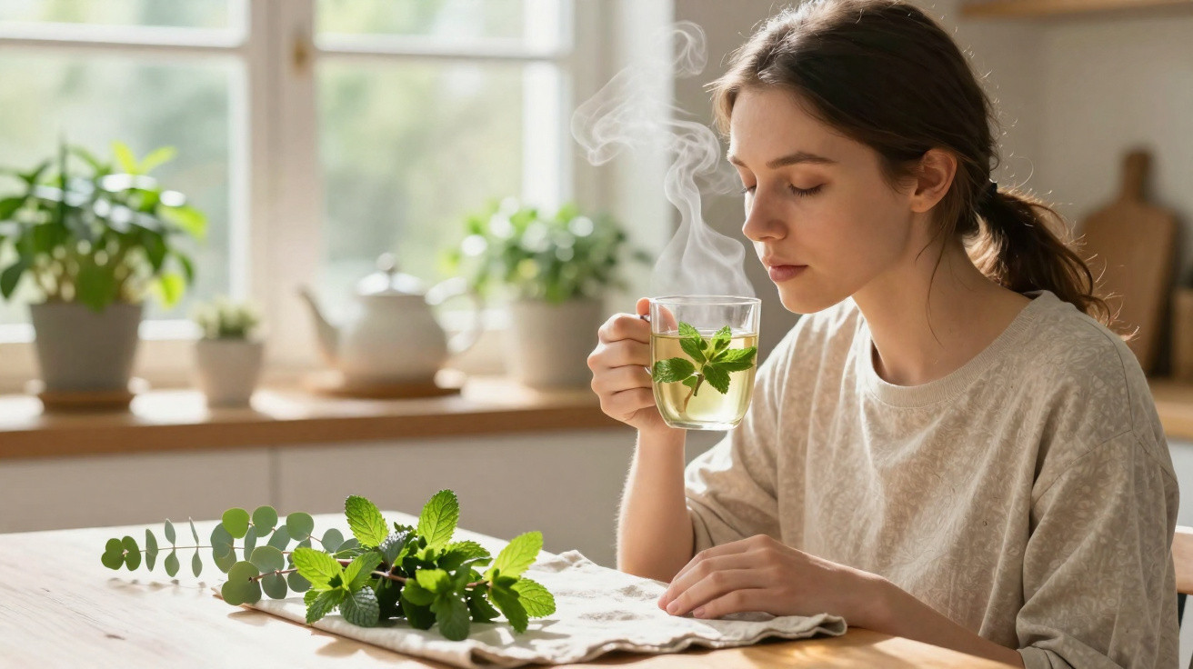 Mulher segurando e cheirando chá quente com folhas de hortelã em copo, em cozinha iluminada.