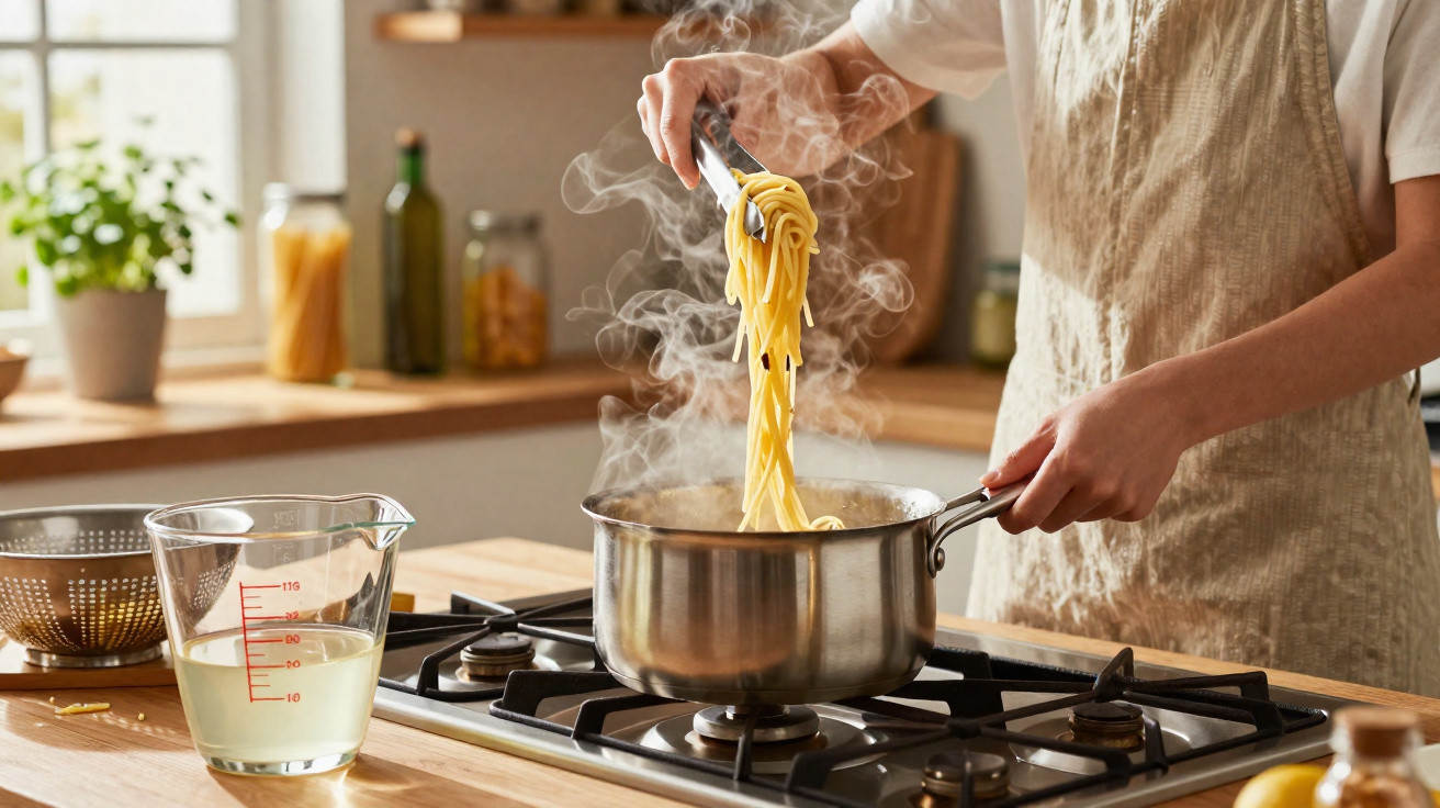 Pessoa cozinhando macarrão em uma panela com vapor na cozinha iluminada ao fundo.