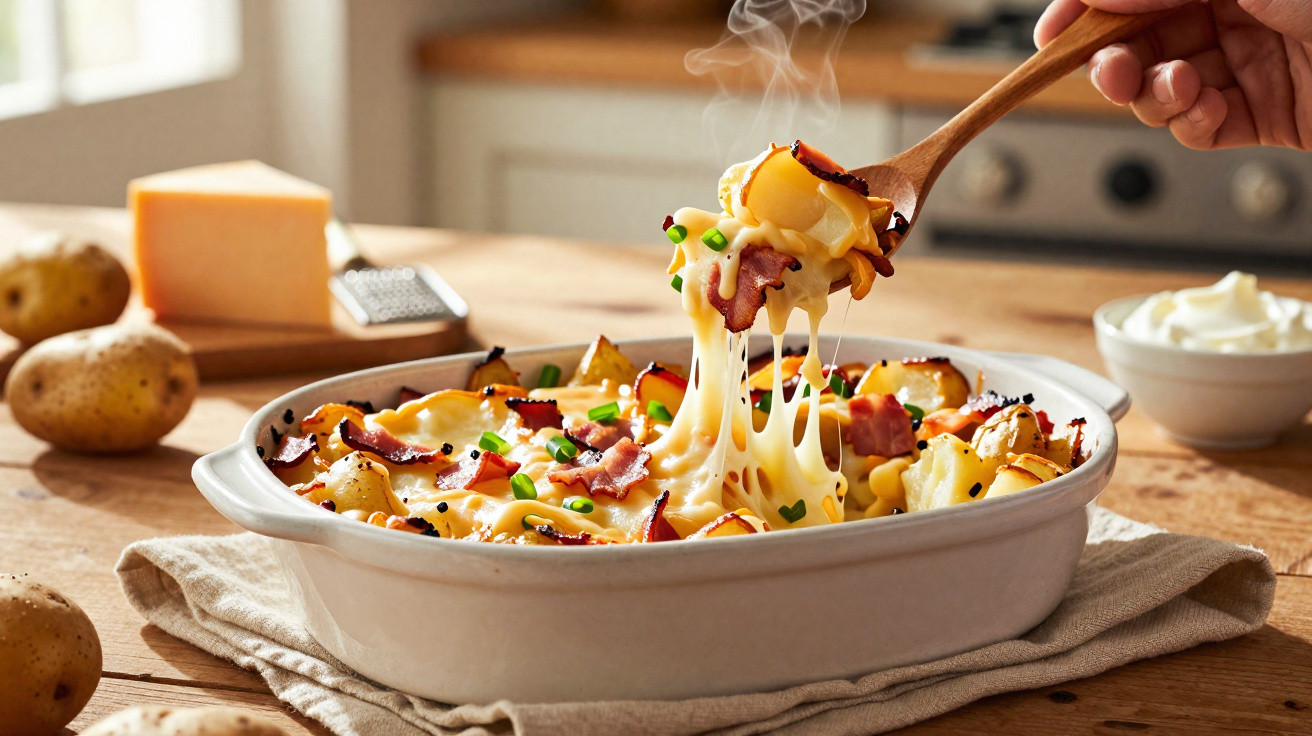 Tigela branca com batatas assadas, queijo derretido, bacon e cebolinha, sendo servida com colher de pau.