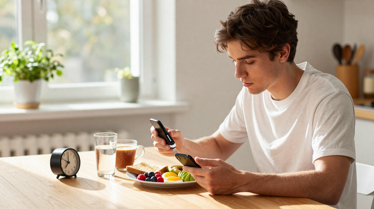 Homem jovem em camiseta branca comendo café da manhã e checando celular em mesa iluminada.