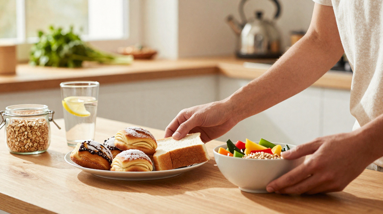 Pessoa organizando pão, pães doces e tigela com granola e frutas sobre bancada de cozinha.