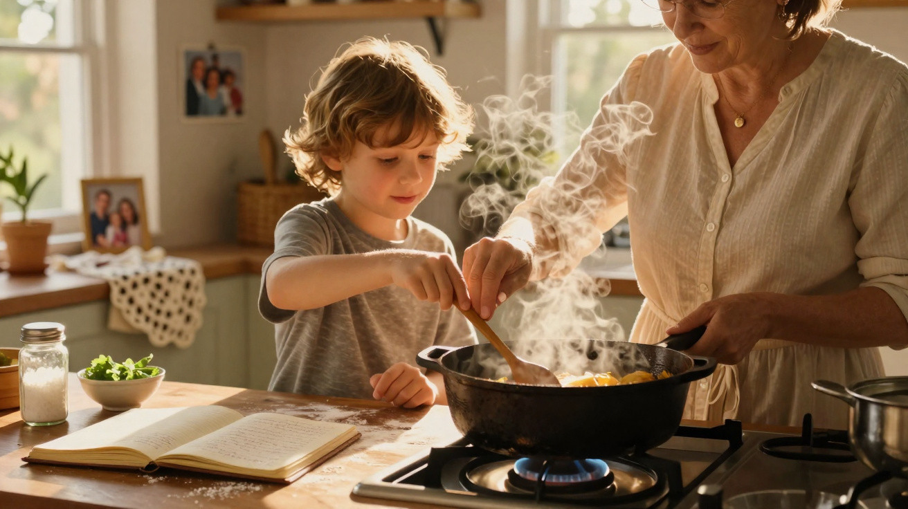 Mulher e duas crianças cozinhando juntas em uma panela com vapor em cozinha iluminada.
