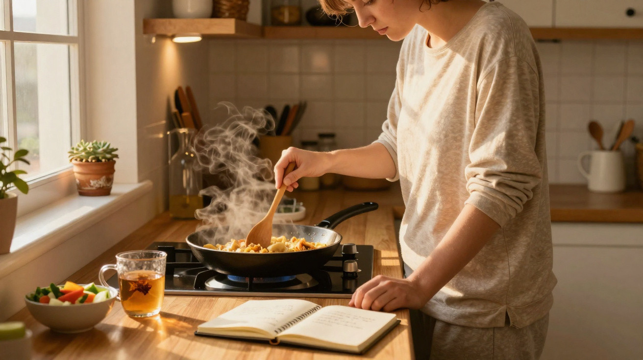Pessoa cozinhando legumes em frigideira enquanto consulta receita em caderno na cozinha iluminada pela manhã.