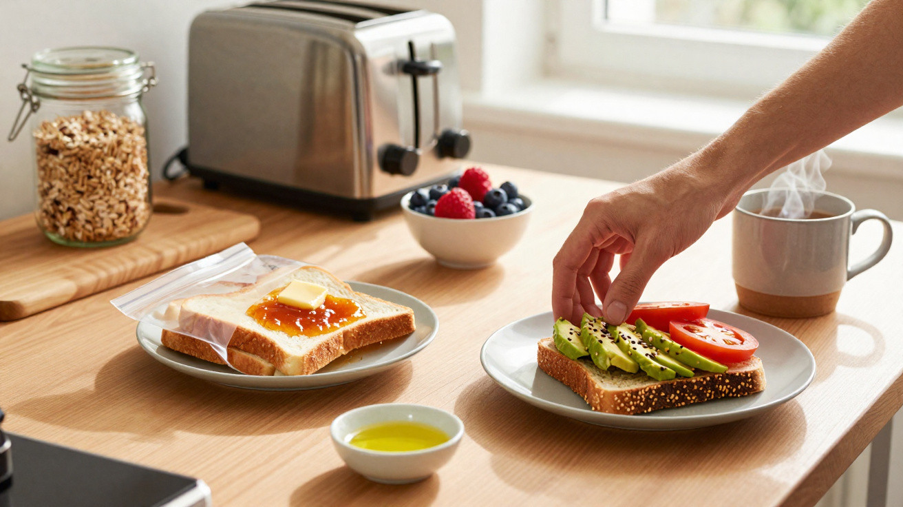 Mãos segurando prato com torrada de abacate e tomate, ao lado torrada com manteiga e geleia, café e frutas.