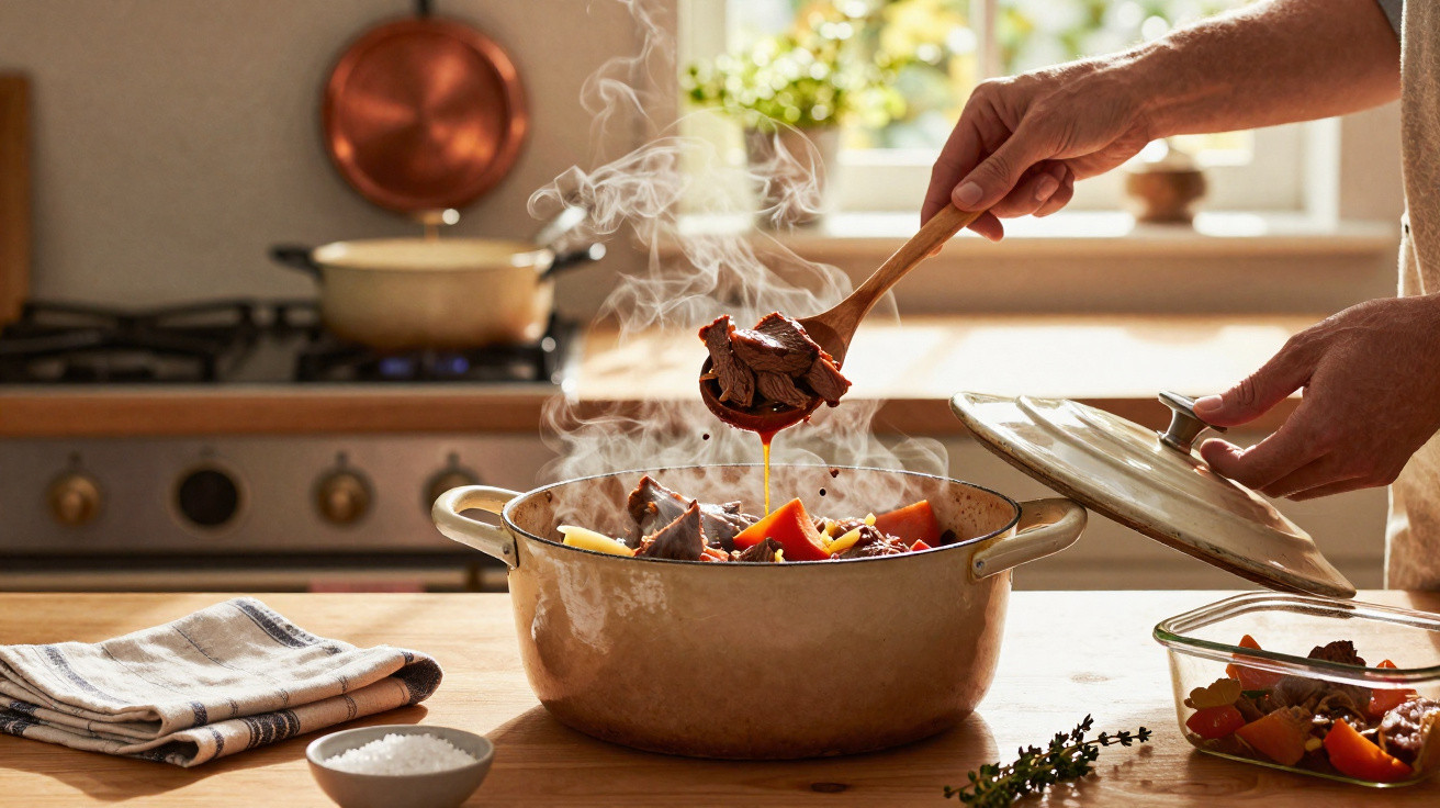 Mãos servindo ensopado quente com carne e legumes em panela na cozinha iluminada.