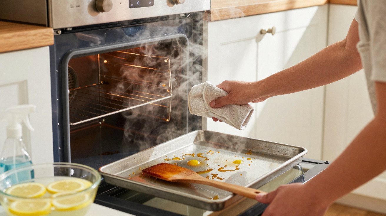 Pessoa segurando forma com comida que emite vapor ao ser retirada de forno elétrico na cozinha.