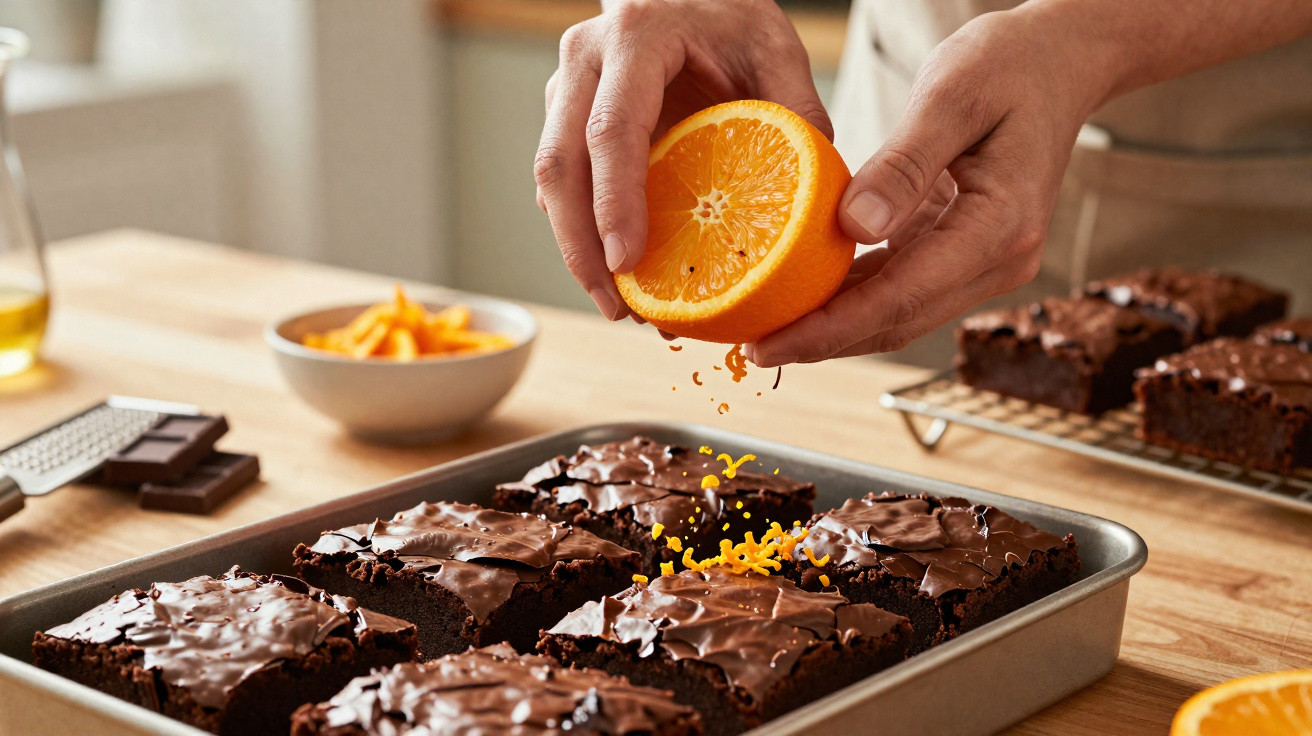 Mãos ralando casca de laranja sobre brownies em forma, com ingredientes e mais brownies ao fundo.