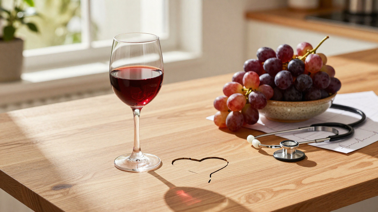 Taça de vinho tinto com sombra em forma de coração, uvas em tigela e estetoscópio sobre mesa de madeira.