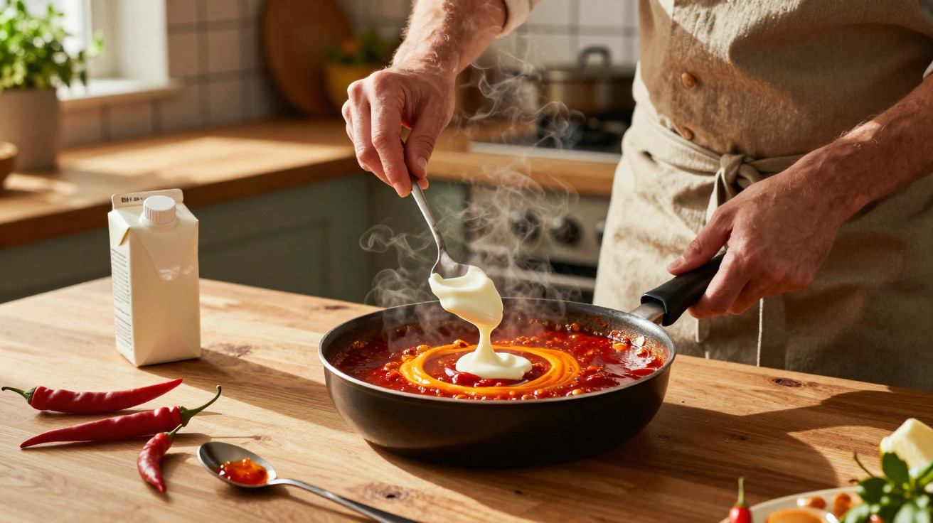 Pessoa despejando creme em molho vermelho apimentado quente em frigideira na cozinha.