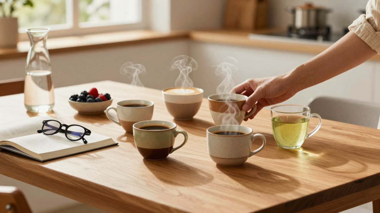 Mesa de madeira com quatro xícaras de café e chá quente, livro aberto, óculos e uma mão segurando uma xícara.
