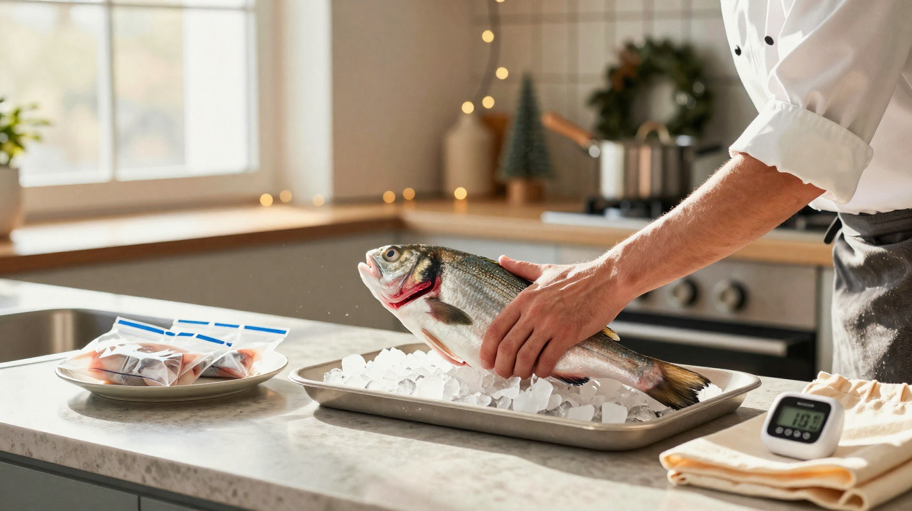 Pessoa segurando peixe fresco sobre bandeja com gelo em cozinha iluminada e decorada com guirlanda.