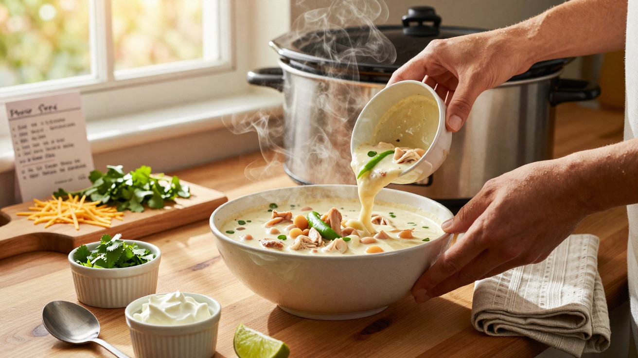 Pessoa servindo sopa cremosa com feijão, queijo, creme e limão em uma tigela branca na cozinha.