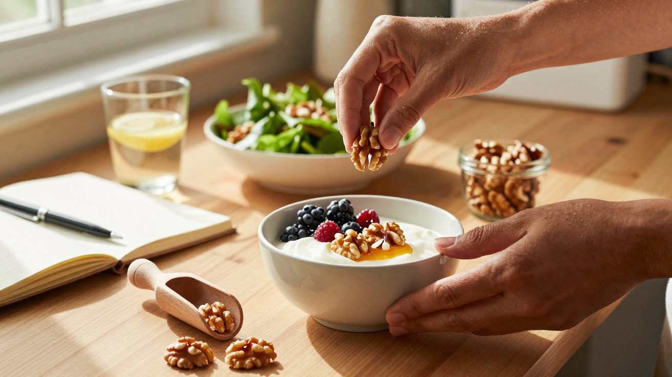 Pessoa adicionando nozes a uma tigela com iogurte, frutas vermelhas e mel em mesa de madeira.