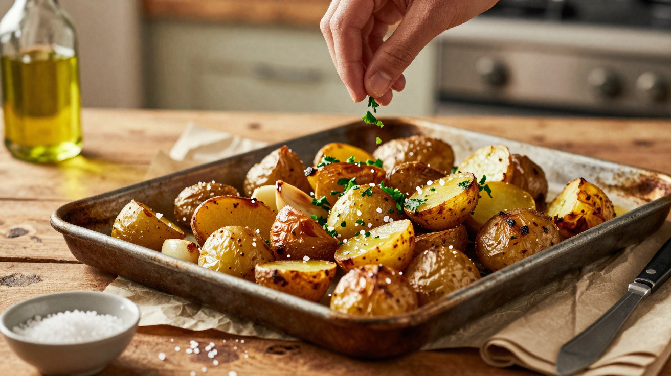 Mão polvilhando ervas frescas sobre batatas assadas temperadas em assadeira de metal.