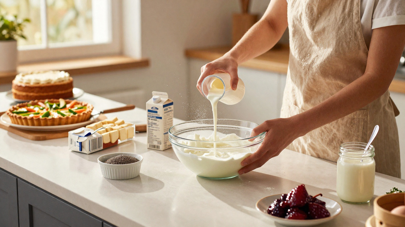 Pessoa derramando creme em uma tigela de vidro na cozinha com tortas e frutas ao fundo.