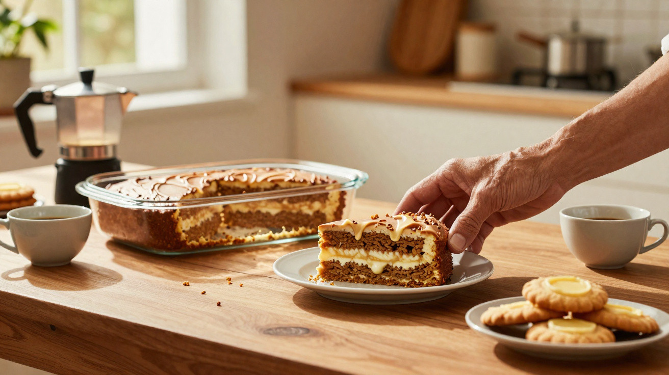 Mãos seguram fatia de bolo de chocolate com recheio cremoso, ao lado de biscoitos e café sobre mesa de cozinha.
