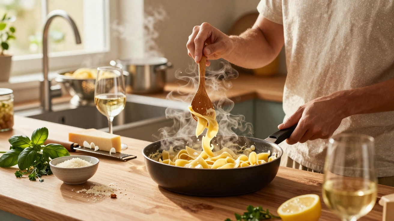 Pessoa mexendo macarrão na frigideira em cozinha iluminada, com limões e taças de vinho na mesa.