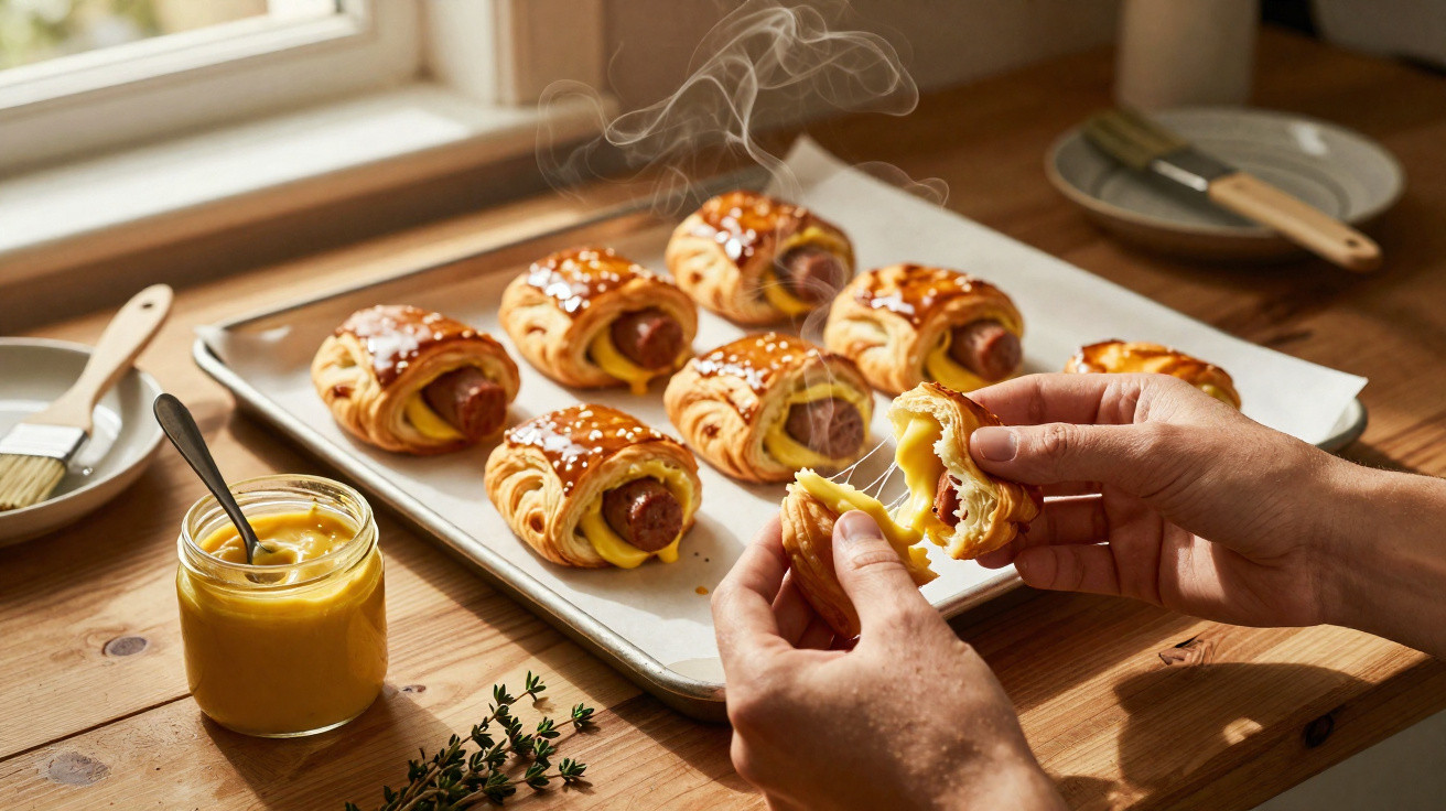 Pão doce com salsicha quente e mostarda, servido em tabuleiro, com mãos segurando o pão aberto e quente.