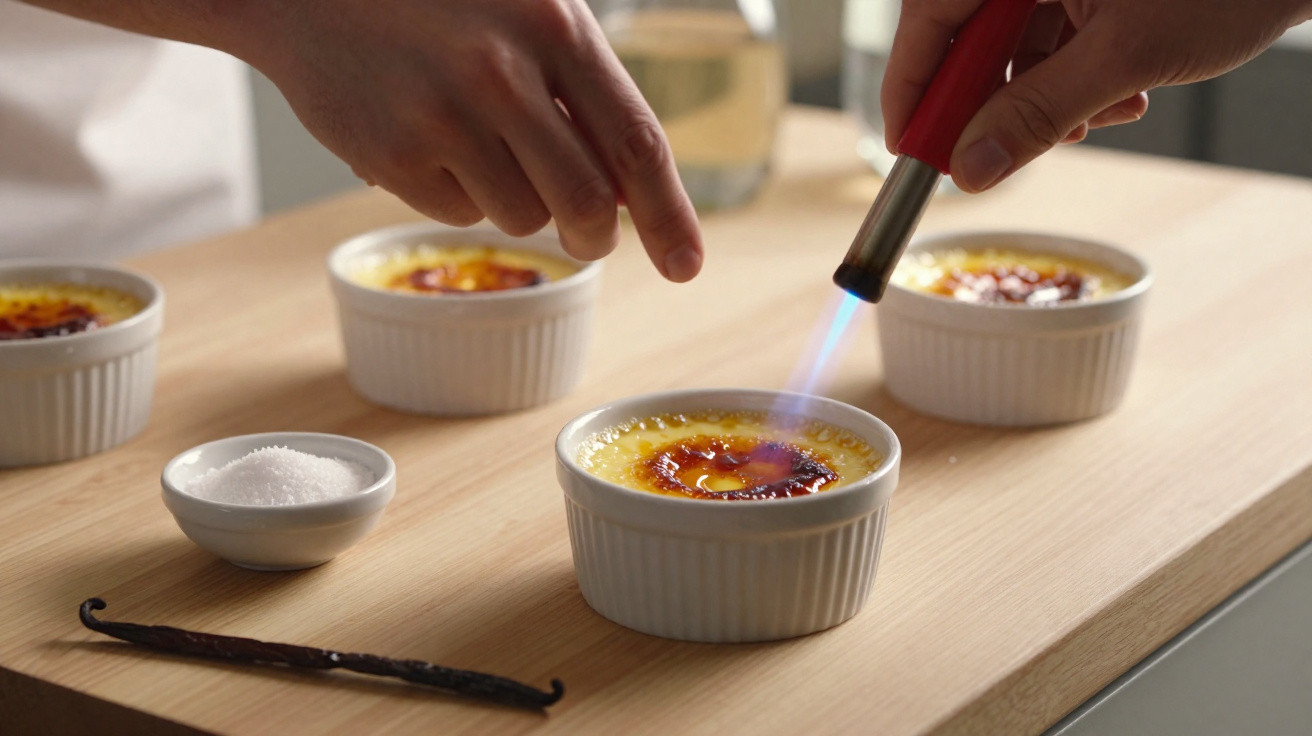 Mãos caramelizando a superfície de crème brûlée com maçarico em tigela branca sobre bancada de madeira.