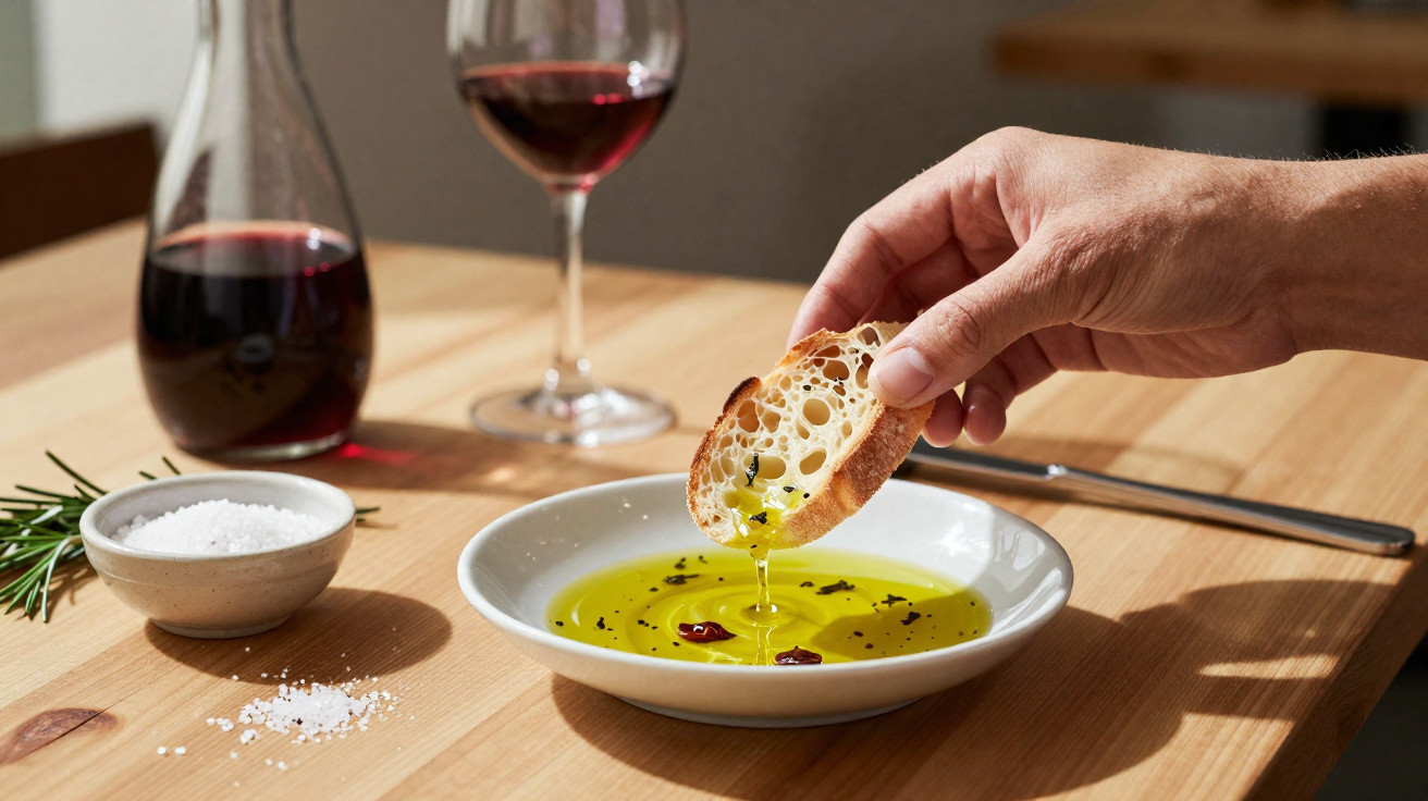 Mão segurando pão mergulhado em azeite com temperos, taças de vinho tinto e sal na mesa de madeira.