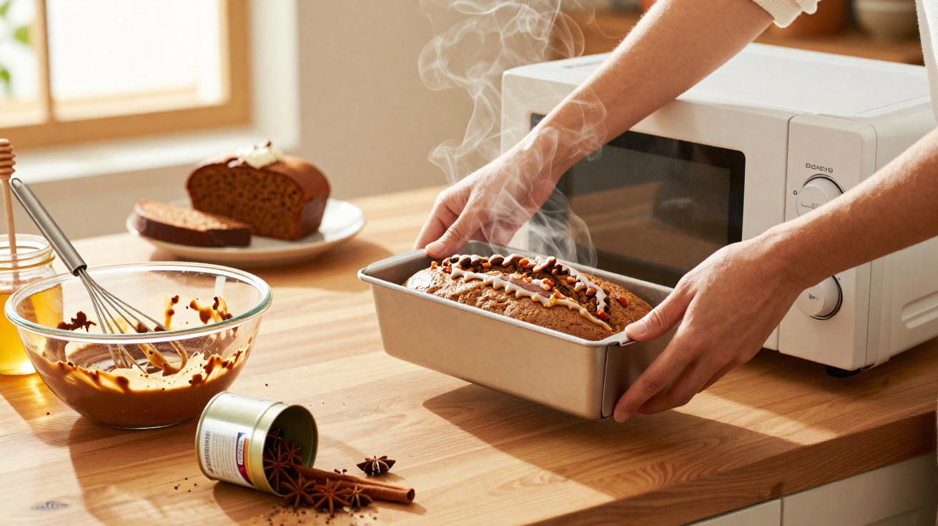 Mãos seguram bolo quente saindo do forno, com ingredientes e fatia de bolo no fundo.
