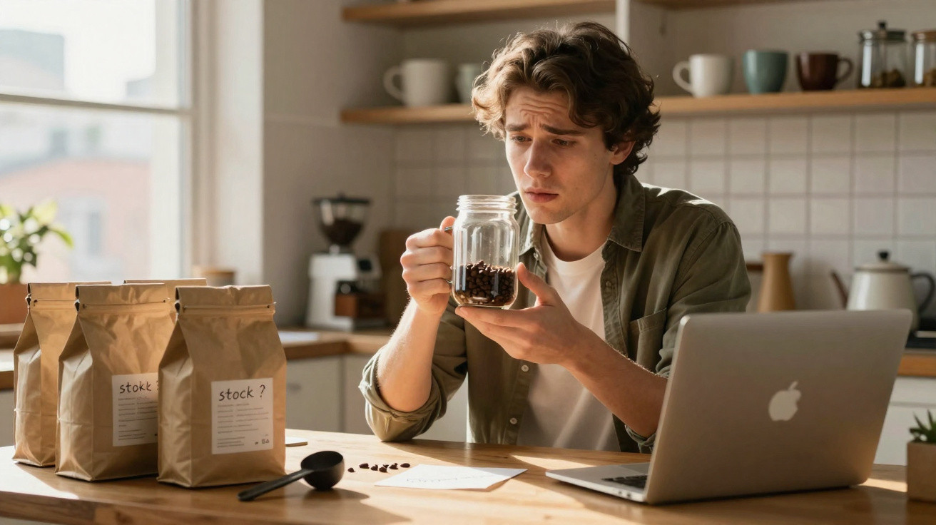 Jovem analisando café em jarro e gráfico de vendas no laptop, em cozinha com sacos de café e grãos.