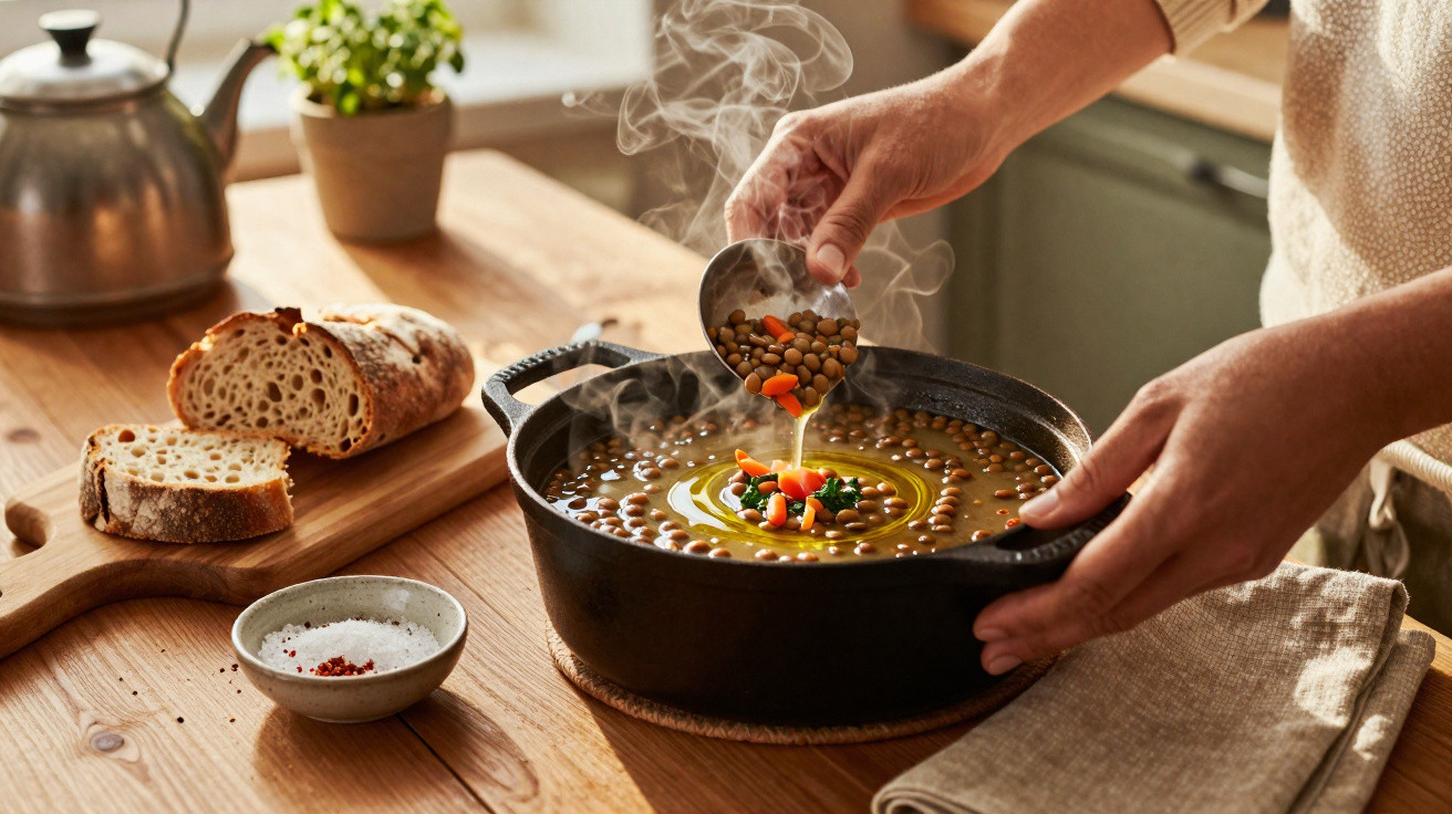 Pessoa servindo sopa quente de lentilhas com legumes em panela preta em cozinha com pão ao lado