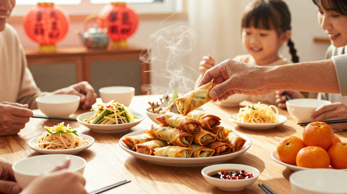 Família reunida em torno de mesa com rolinhos primavera quentes, noodles, laranjas e molho picante.