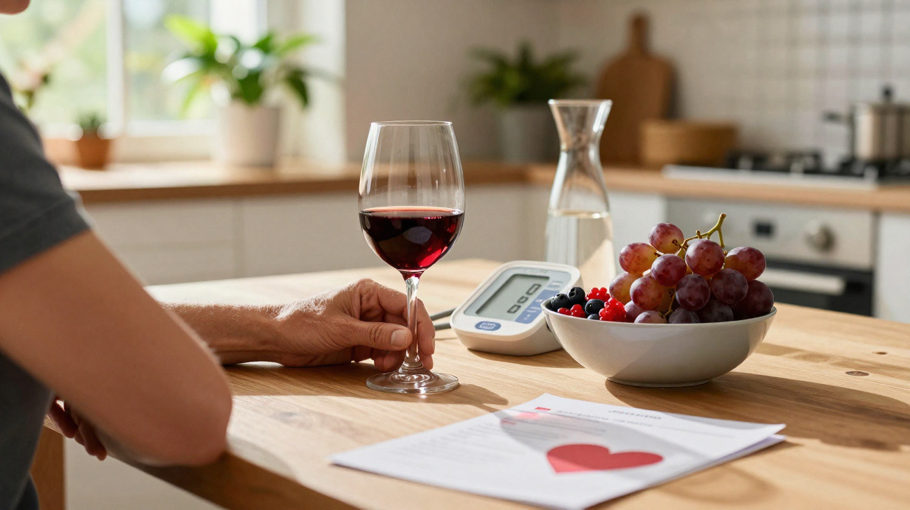 Pessoa segurando taça de vinho tinto, com bowl de frutas, aparelho de pressão e documento sobre mesa.
