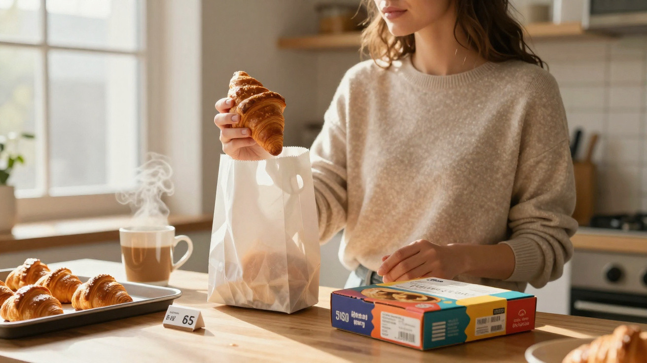 Mulher guardando croissant em sacola de papel em cozinha iluminada, bandeja com croissants na bancada.