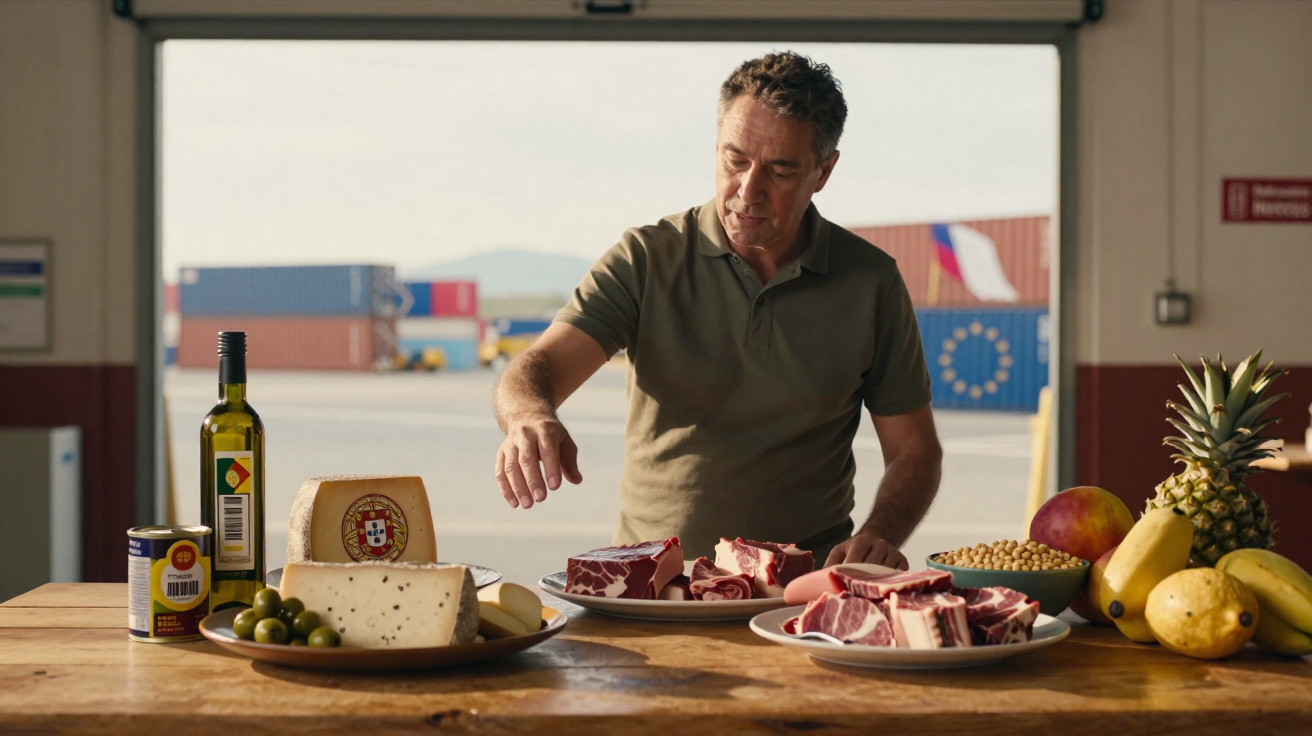 Homem organiza queijos, carnes, frutas e vinhos sobre mesa de madeira em ambiente industrial aberto.