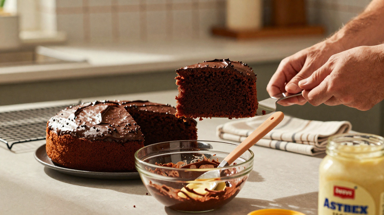 Mãos seguram fatia de bolo de chocolate com cobertura, ao lado de tigela com chocolate e pote de creme na bancada.