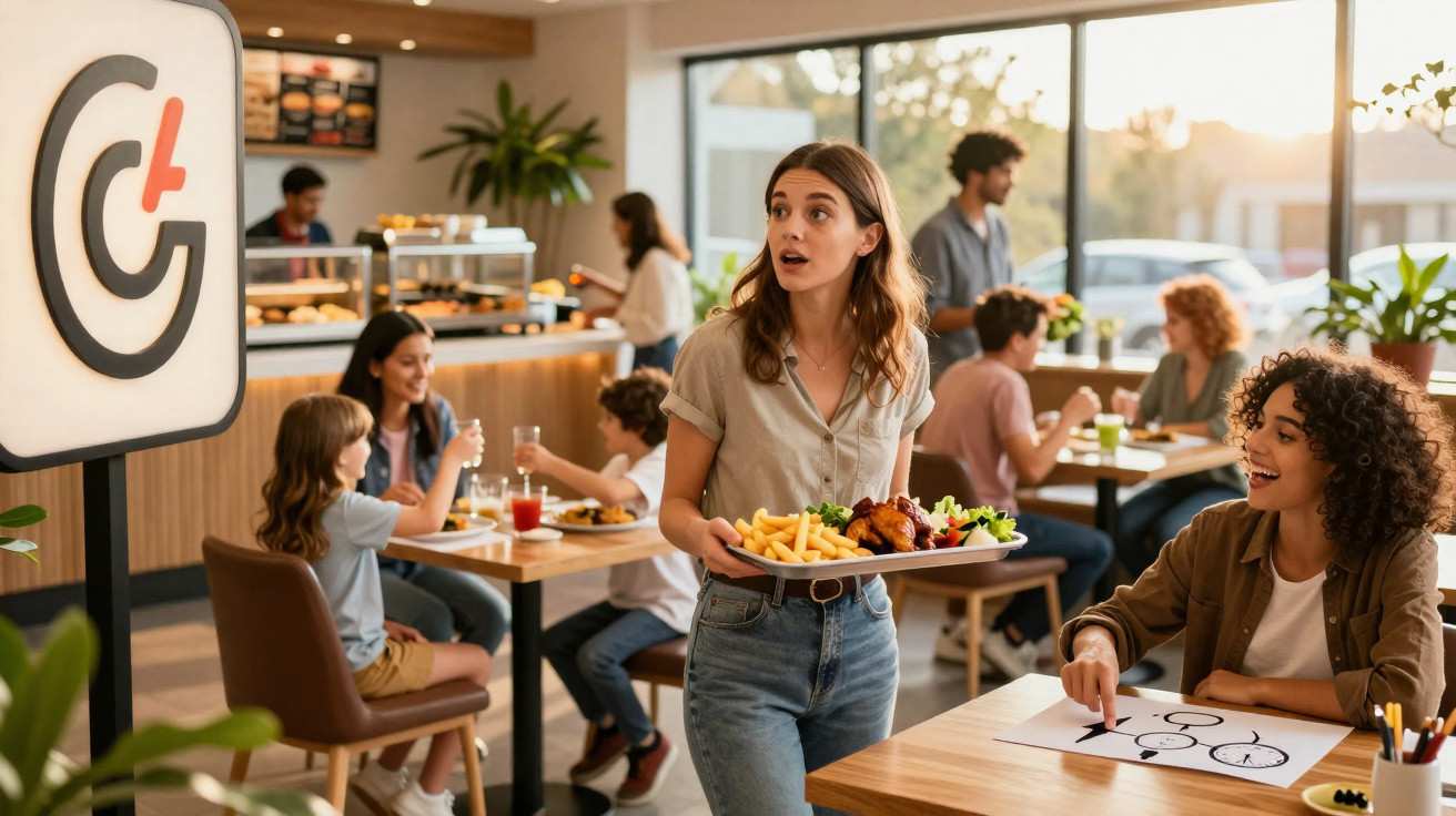 Mulher carregando bandeja com comida em restaurante casual cheio de pessoas e crianças ao fundo.
