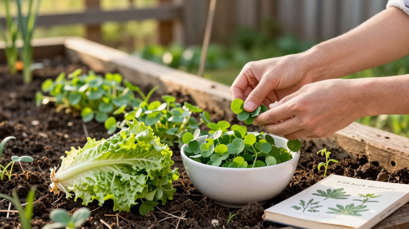 Mãos colhendo folhas verdes em horta caseira com verduras e livro ilustrado sobre plantas.