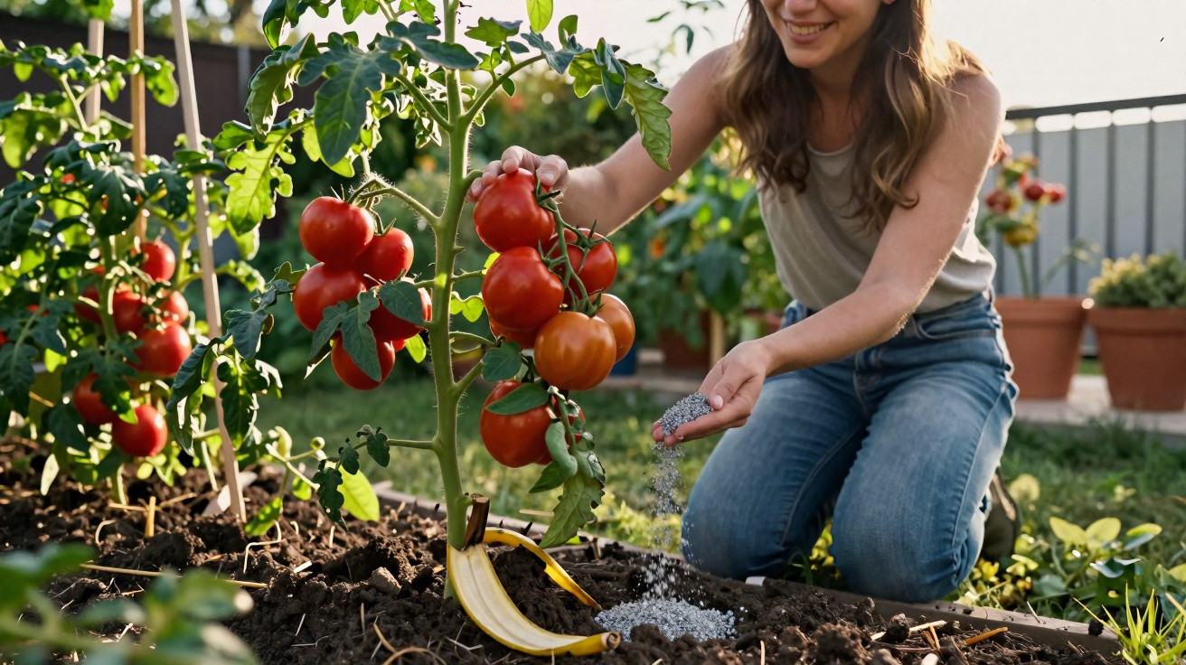 Mulher sorridente cuidando de tomateiro e colocando fertilizante em horta ao ar livre.