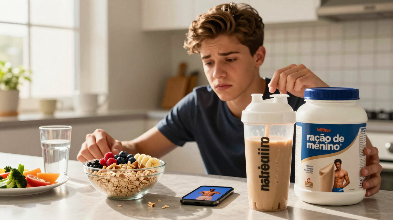Jovem olhando pensativo para seu celular entre alimentos saudáveis e suplemento chamado "ração de menino".
