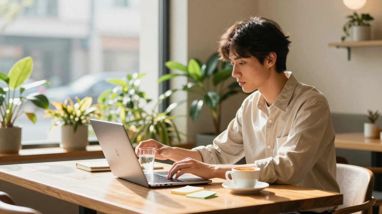 Jovem concentrado usando notebook em mesa com café e plantas em ambiente iluminado e aconchegante.