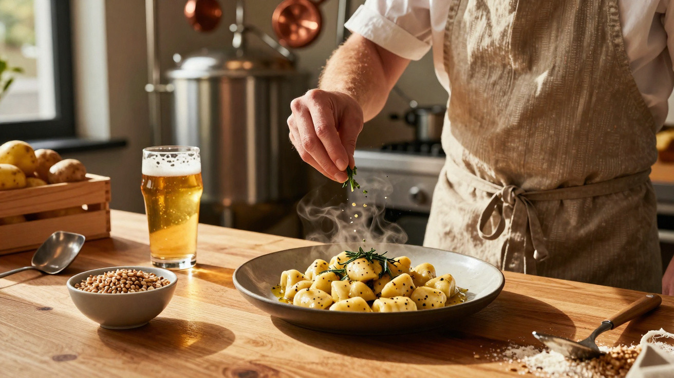 Pessoa temperando prato com nhoque em cozinha rústica, com copo de cerveja e ingredientes ao redor.