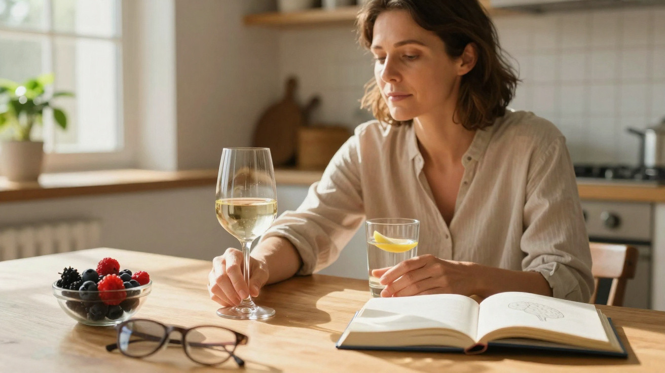 Mulher sentada à mesa da cozinha com taça de vinho branco, copo com água e limão, livro aberto e frutas.