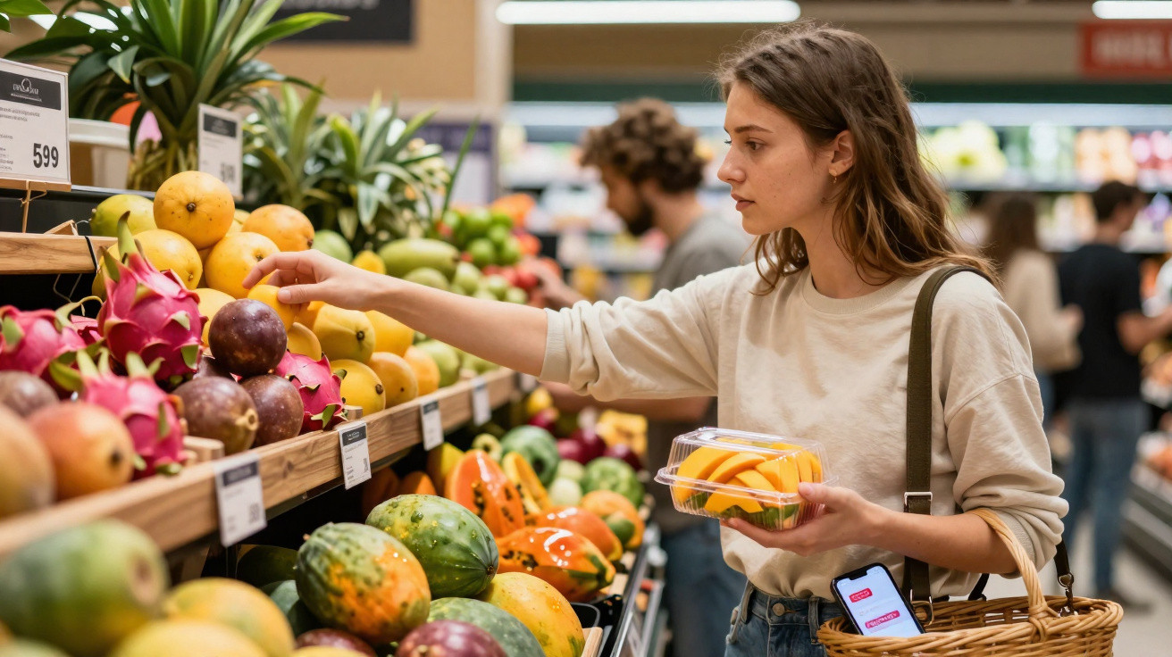Mulher escolhe fruta fresca em supermercado próximo a outras frutas coloridas na prateleira.