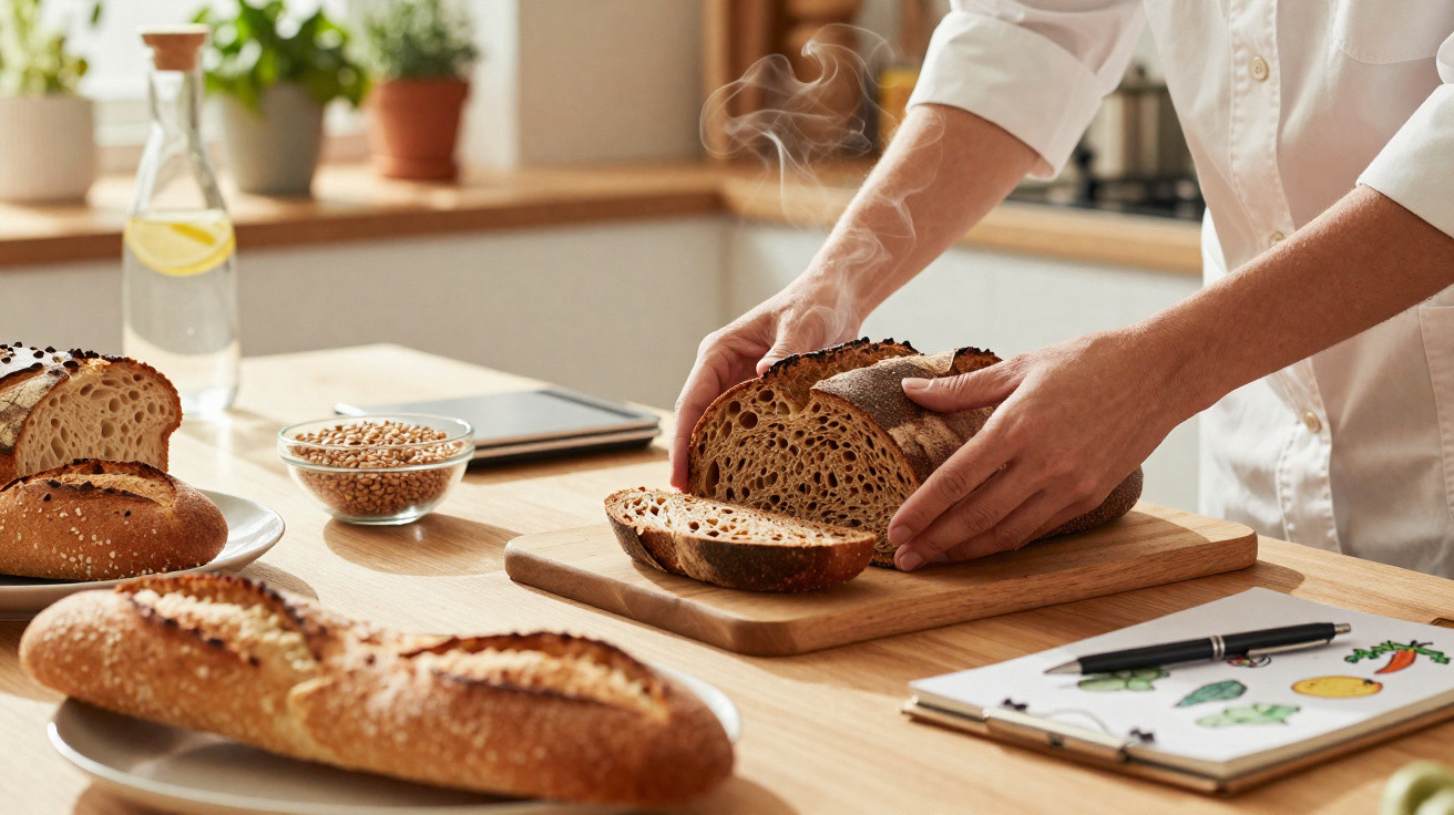 Pessoa segurando pão recém-assado fatiado em mesa com variedades de pães, caderno e jarra de água com limão.