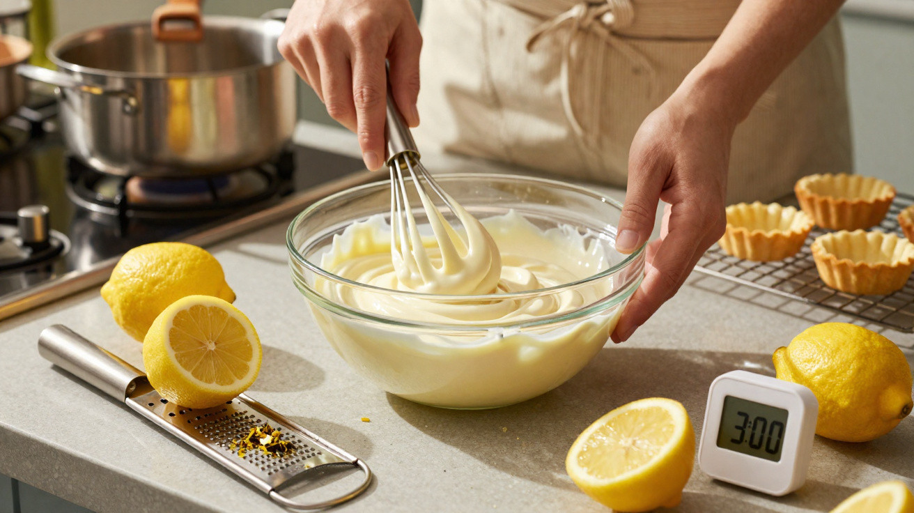 Pessoa mexendo creme amarelo em uma tigela de vidro na cozinha com limões ao lado na bancada.