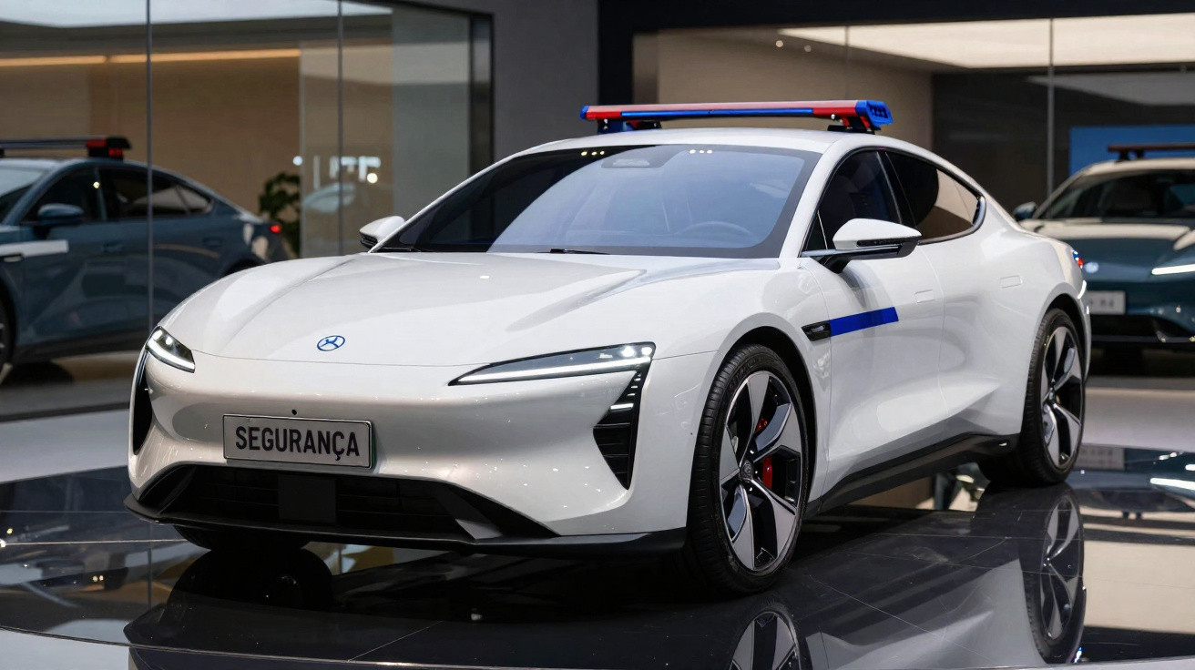 Carro branco de segurança com luzes de emergência no teto e placa escrita "SEGURANÇA" em ambiente interno.
