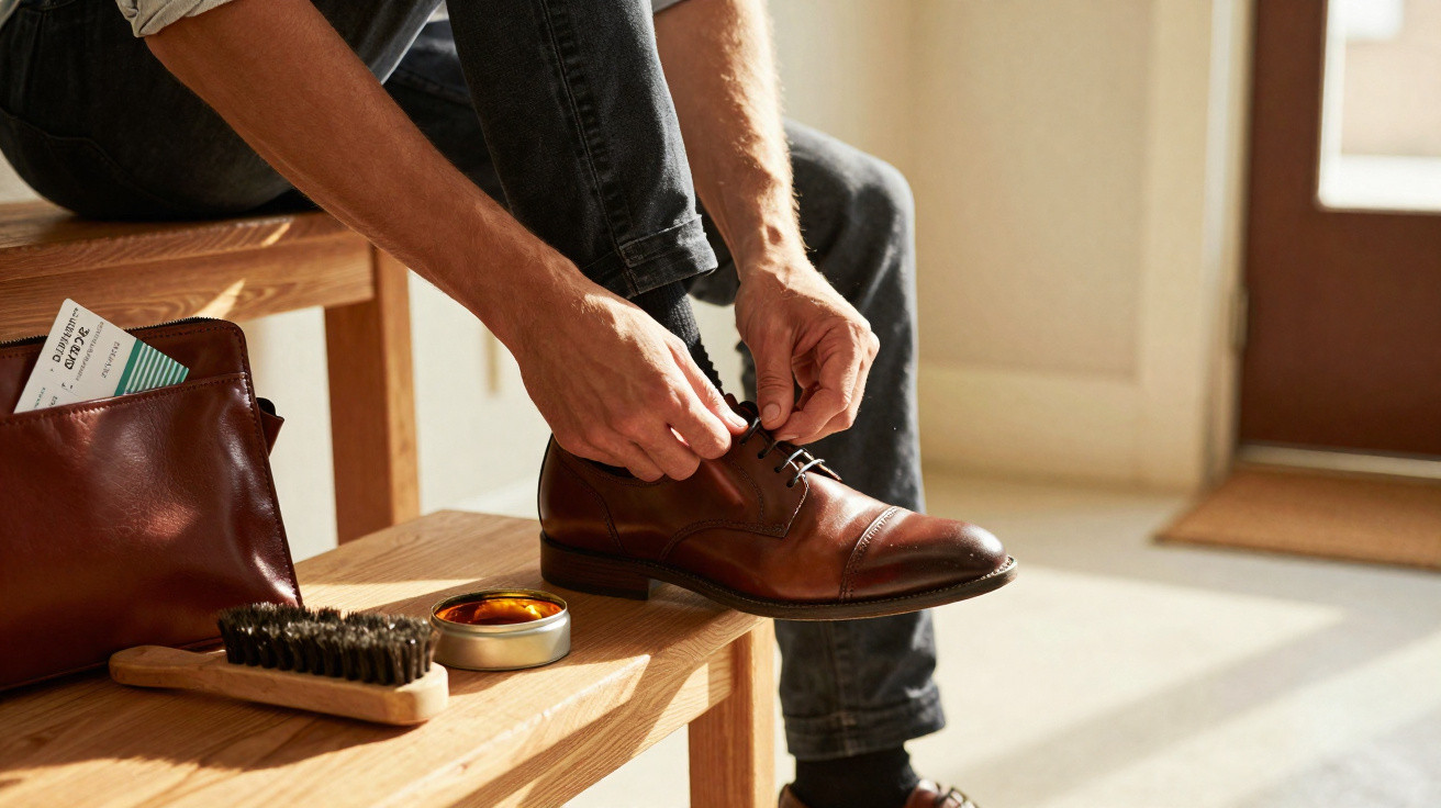Pessoa amarrando botas de couro marrom sentada em banco de madeira com kit de limpeza ao lado.