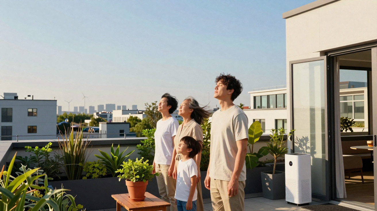 Família de cinco pessoas observando o céu em um terraço com plantas e vista de cidade ao fundo.
