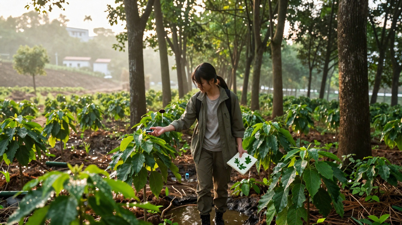 Mulher com caderno analisa plantas em lavoura entre fileiras de árvores na fazenda ao amanhecer.